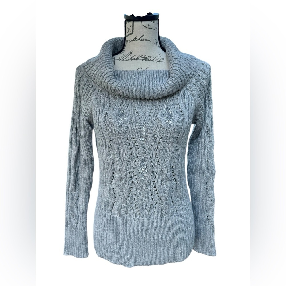 WHBM Cowl Neck Sweater Embellished Womens Size Medium Light Gray